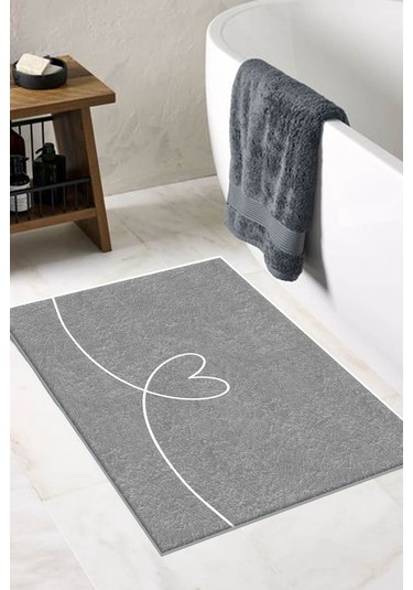 DecomiaHome DC 8047 Yıkanabilir Kalpli Banyo Halısı Paspası Tek Parça 60 x 100 Gri