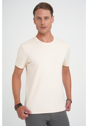 Comfort Fit Bisiklet Yaka Esnek Pamuk Casual Krem Tişört Ts 885 Krem
