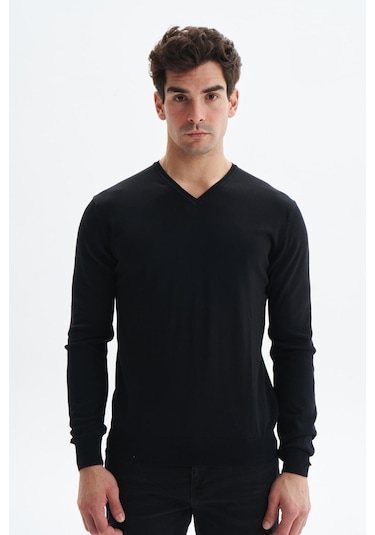 Arma Erkek Slim Fit Likralı Pamuklu Örme V Yaka Triko Kazak K0kro0854 Siyah