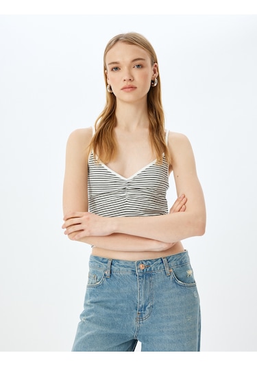 Koton İp Askılı Çizgili V Yaka Slim Fit Fitilli Atlet Ekru Çizgili 5sal30078ık Ekru Çizgili Ekru