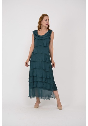 Italyan 2 Beden İnce Gösteren Kat Kat Kolsuz Ipek Elbise Zümrüt Yeşili
