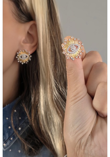 Güneş Göz Figür Nazar Altın Kaplama Çelik Küpe Gold