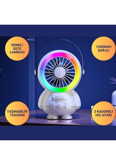 Polham 3 Kademeli Gece Lambalı 1500mah Şarjlı Taşınabilir Serinletici Vantilatör Fan, Ultra Sessiz