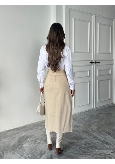 Blue Marlın Kadin Taş Etek Ucu Kesik Ön Yirtmaç Keten Etek Krem