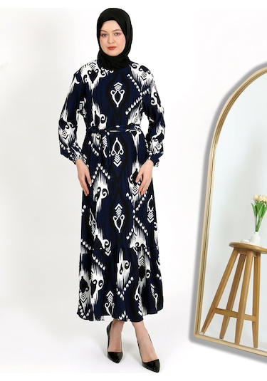 Desenli Bürümcük Elbise Mavi