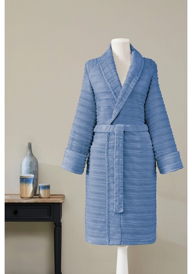 Sadem Organik Linden Şal Yaka Bornoz Mavi