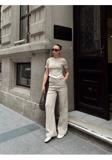 Düğme Yakalı Bej Alt Üst Takım S3943 Bej