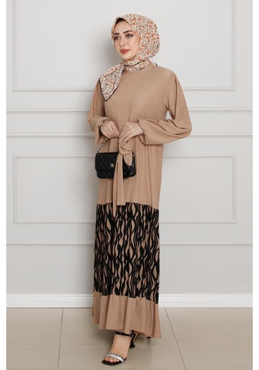 Eteği Desenli Karin Elbise-vizon-4268-vizon Vizon
