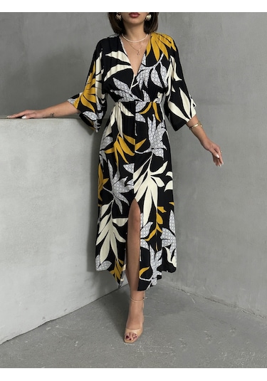 Kadın Kruvaze Yaka Yırtmaçlı Uzun Yazlık Elbise Siyah - Sarı