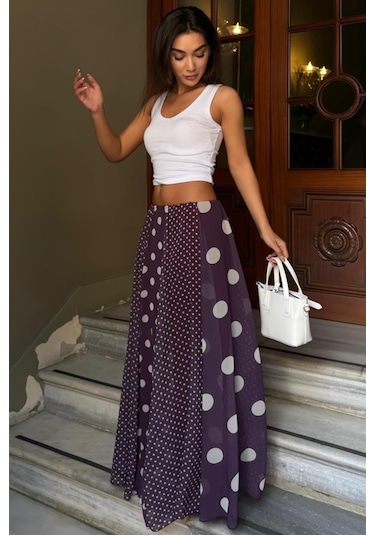 Madmext Mürdüm Çoklu Puantiye Desen Maxi Etek Mg2839