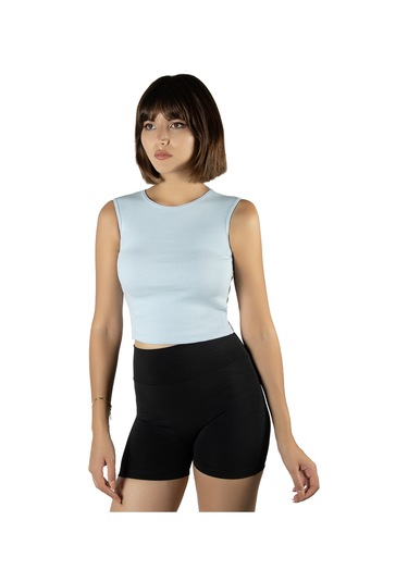 Açık Mavi Fitted/vücuda Oturan Crop Halter Yaka Fitilli Esnek Örme Bluz Atlet Açık Mavi