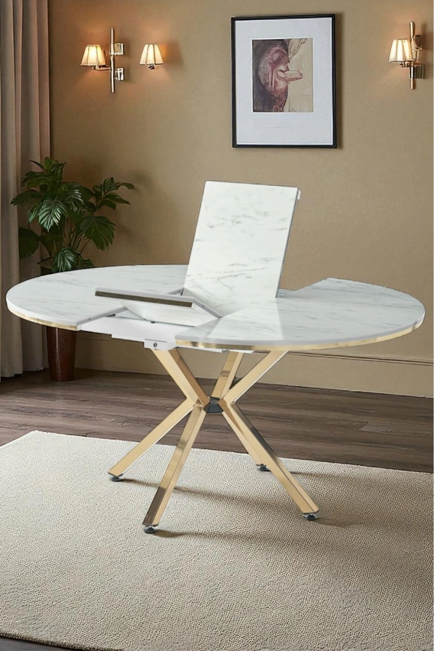 Dengema Zenit Plus Açılır Yuvarlak Masa Sandalyesiz Beyaz Mermer, Gold Ayak, Ø120 160 Cm Beyaz Mermer - Gold Ayak Dengema Zenit Plus Açılır Yuvarlak Masa Sandalyesiz Beyaz Mermer, Gold Ayak, Ø120 160 Cm Beyaz Mermer - Gold Ayak
