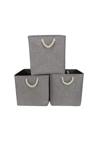 Leezsing Büyük Katlanabilir Kumaş Keten Saklama Kutuları 3'lü Set Raflar, Dolaplar İçin Keten Halat Saplı Katlanabilir Sağlam Dikdörtgen Sepetler Gri Renk