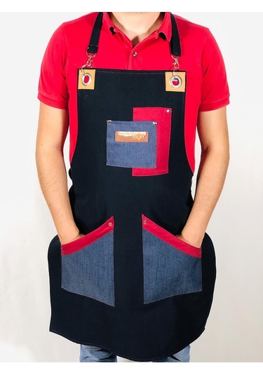 Jean Cafe Restoran Şef Renkli Cepli Askılı Önlük