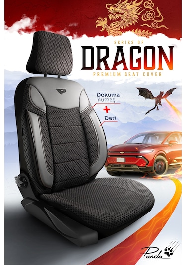 Siyah - Gri Garni Panda Dragon Serisi Dokuma Kumaş Oto Koltuk Kılıfı - Tam Set