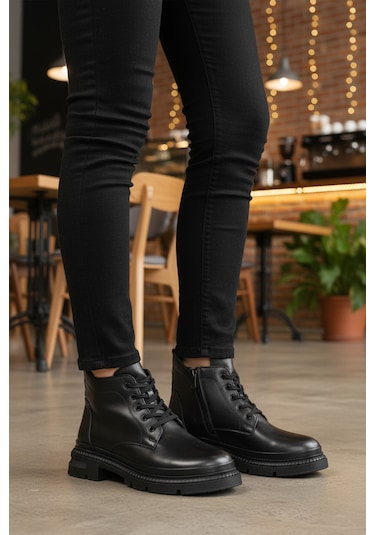 Siyah Hakiki Deri İçi Polarlı Kadın Bot Z505 Z Siyah