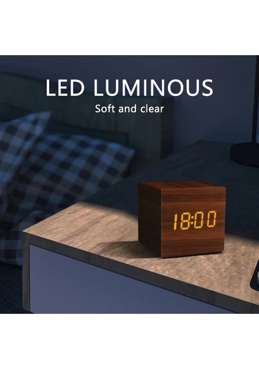 Çalar Saat Led Ahşap Saat Masası Ses Kontrolü Dijital Ahşap Umut White