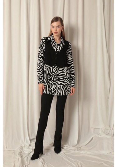 Saklımoda Viskon Kumaş Yelekli Kadın Zebra Gömlek Çok Renkli