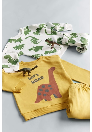 Defacto Erkek Bebek 2li Takım Dinazor Baskılı Sweatshirt Eşofman Altı E9264a525auyl310 Sari