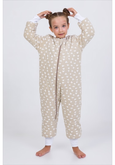 Kız Erkek Çocuk Kalın Elyaf Dolgulu Premium Kalite 2.5 Tog Desenli Uyku Tulumu Koyu Bej