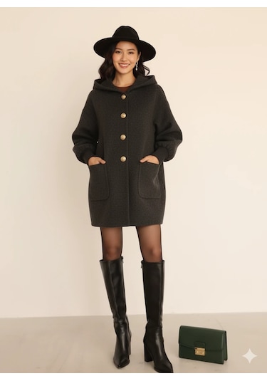 Kadın Oversize Bol Kesim Diz Üstü Siyah Kaban Büyük Cepli Yünlü Kumaş Kapüşon Detaylı Gri