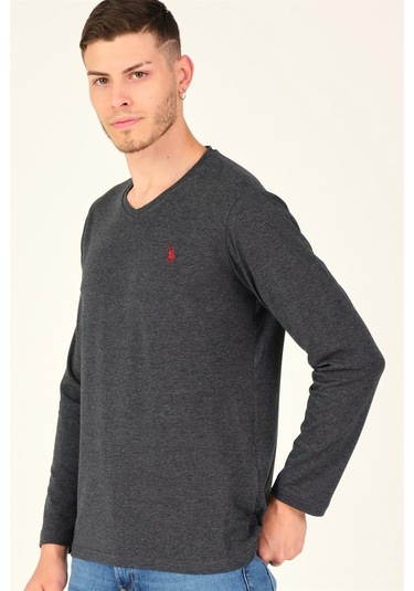 T8587 Dewberry V Yaka Erkek Uzun Kol T-shırt-antrasit Antrasit