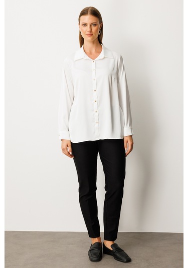 Ekol Kadın Büyük Beden Düğmeli Saten Gömlek 3505 Ekru Ekru