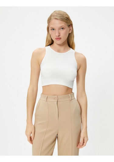 Koton Basic Crop Atlet Yuvarlak Yaka Ribanalı Ekru 4sal30022ık Ekru