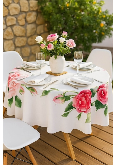 Yuvarlak Gül Desenli Duck Kumaş Masa Örtüsü 150x150 Cm Çok Renkli
