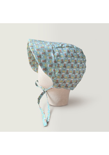 Meri Baby Mavi Geometrik Desenli Poplin Düz Siperli Şapka