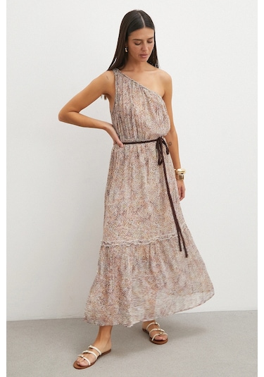 Uterpe One Shoulder Tiered Dress Pembe