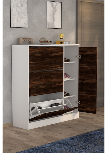 Milano 3 Kapaklı Kayar Raflı Dolaplı Ayakkabılık Mars Kahverengi