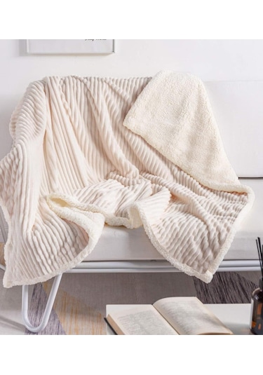 Sherpa Battaniye Çift Kişilik Çizgili Yumuşak Peluş Wellsoft Yatak Örtüsü Krem