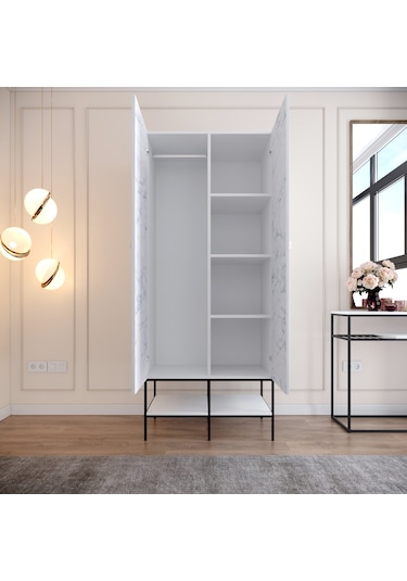Pasific Home Martin 2 Kapaklı Gardırop Elbise Dolabı, Beyaz&Beyaz Mermer