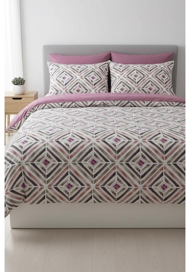 Geometrik Dokunuş Çift Kişilik %100 Pamuk Nevresim Takımı GÜL KURUSU