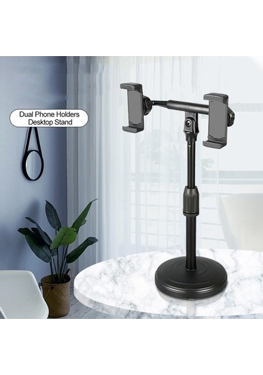 Sandwich Siyah Masaüstü Çift Telefon Tutucu, 22-32cm Yükseklik Ayarlanabilir, 360 Döner, Yayın, Tv İzleme İçin Esnek, Online D