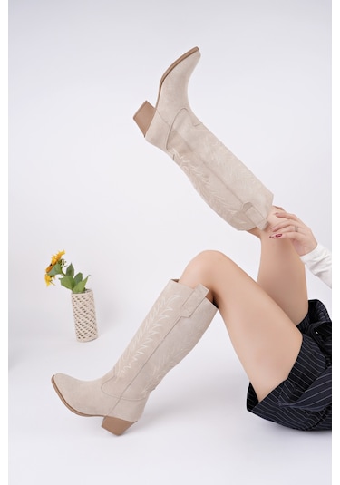 Muggo Texas Sivri Burun Nakışlı Kalın Topuklu Kadın Kovboy Western Çizme Bej Süet