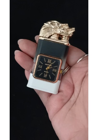 Lüks Tasarım Ejder Figürlü Roma Rakamlı Saatli Gazlı Çakmak Çok Renkli