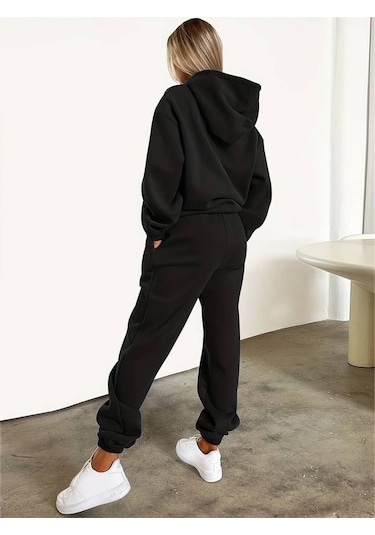 Hırsch Siyah Kadın Oversize Basic Kapüşonlu Lastikli Milano Italy Baskılı Pamuklu Eşofman Takımı Siyah Hırsch Siyah Kadın Oversize Basic Kapüşonlu Lastikli Milano Italy Baskılı Pamuklu Eşofman Takımı Siyah