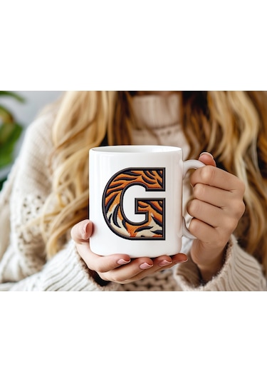 G Harfi Kaplan Figürlü Nakış Desenli Kupa Bardak - Kişiye Özel Vahşi Hayvan Desenli Kupa - Hediye Beyaz