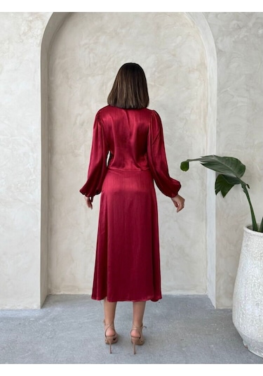 H1 Style Kraşlı Saten Etek Bordo