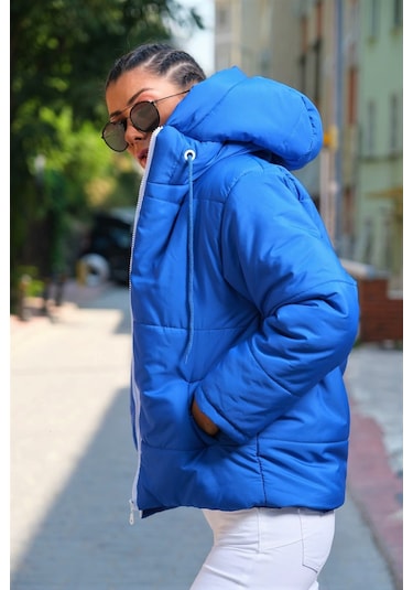 Kadın Saks Mavi Su Geçirmez Kapüşonlu Şişme Mont