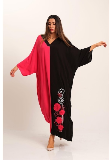 Kadın Pembe Siyah Garnili V Yaka Eteği Nakışlı Cepli Oversize Uzun Elbise - Pembe