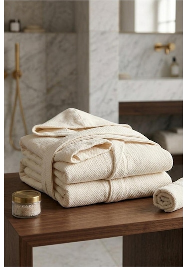 Soft Comfort Lacost Örgü Unisex Kapüşonlu Bornoz Ekru