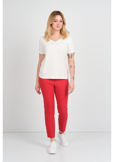 Ella Camelia Kadın Simli Süs Cepli V Yaka Kısa Kollu Bluz 24e038 Ekru Ekru