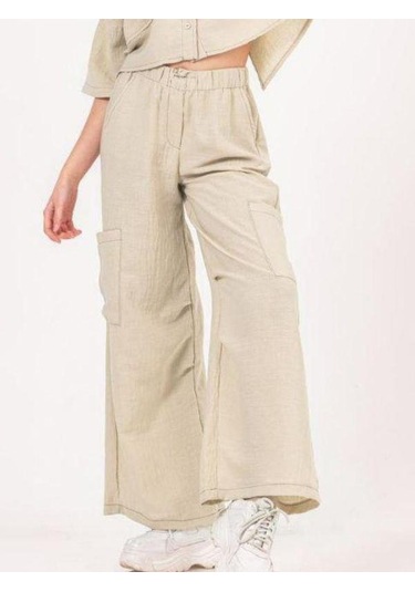 Kız Çocuk Gömlek Ceketli Bol Paça Pantolonlu Takım-13850 Bej