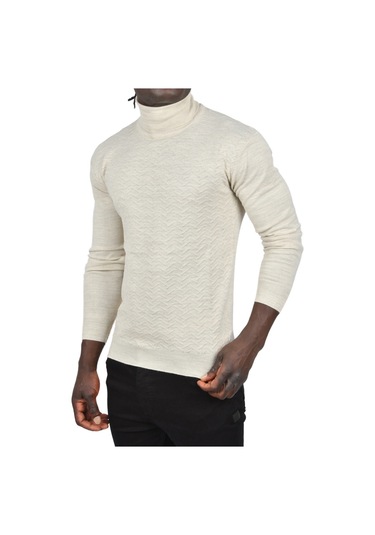 Deepsea Erkek Bej Zigzag Desenli Tam Balıkçı Yaka Dar Kesim Boğazlı Triko Kazak 2505497 Bej