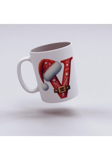 V Harfi Yılbaşı Temalı Bardak 330 Ml Harfli Kişiye Özel Hediye - Yeniyıl / Noel Şapka Tasarım Beyaz