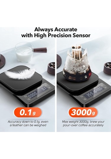 Zamanlayıcılı Dijital Kahve Terazisi - Silikon Pedli Espresso Terazisi Siyah