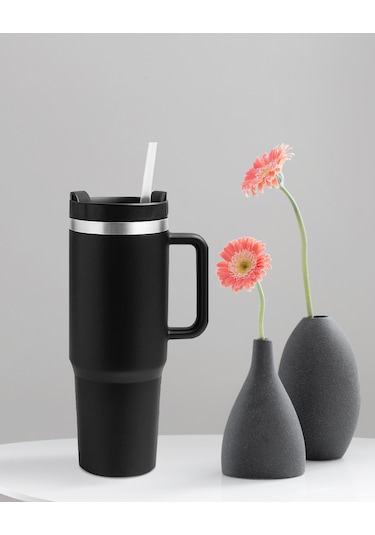 Siyah Paslanmaz Çelik Termos Pipetli 1200ml Siyah